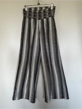 Rewash Sz L Linen/Cotton Black/White Wide Leg Pants Elastic Pull-on Pants Trendy